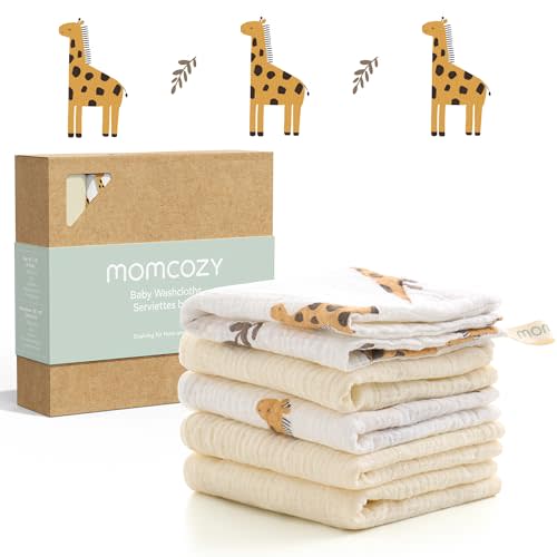 Momcozy Baby Washcloths - 4 Layer Design| Medium Thickness| Premium Cotton for Newborns' Skin-Great for Bathing, Wiping & on-The-go Use, Shower Gift and Essential(5 Pack, 10x10 inch)