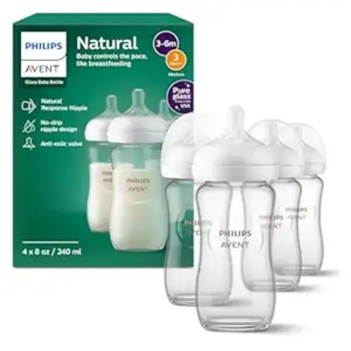 Philips Avent Natural Glass Baby Bottles with Natural Response Nipples (Medium Flow, Flow 3), 8oz, 4-Pack, SCY913/04
