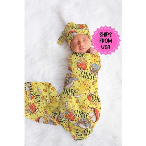 Personalized swaddle Pikachu Pokemon baby cosplay, hospital reveal outfit, baby shower gift, pokemon receiving blanket, gamer baby gift