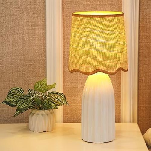 Small White Ceramic Table Lamp for Bedroom, Modern Bedside Lamps with Wicker Shade, Boho Side Table Lamp for Nightstand Living Room Office, E26 Socket, H 15" x W 7"