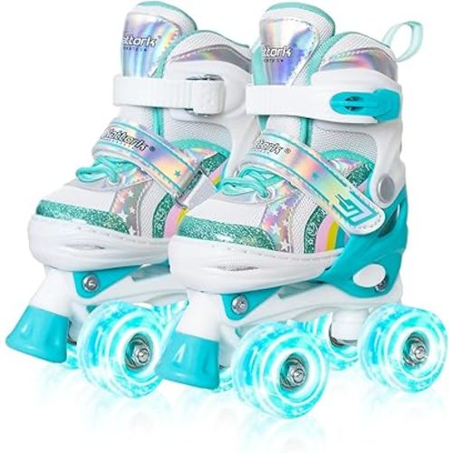 Nattork Girls Roller Skates for Kids, 4 Size Adjustable Rainbow Quad Skates with All Light Up Wheels - Best Birthday Gift for Outdoor Sports