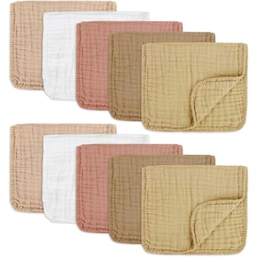 NUEUAP Muslin Burp Cloths, Soft, Breathable, Skin-Friendly and Non-irritating.Baby Essentials .Size 20X10 Inches,Easy to Carry and Versatile in use. (Warm Colors 10-piece Set)