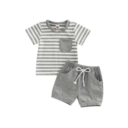 Qiylii Baby Toddler Boys Short Clothing Set, 0 6 12 18 24 Months 2T 3T Short Sleeve Stripes T-shirt with Elastic Waist Shorts Summer Outfit