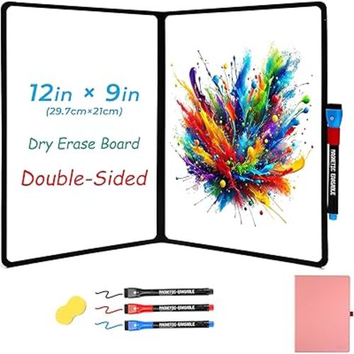 Double-Sided Whiteboard - Portable, 12" x 9" Dry Erase Boards with 3 Markers, Eraser and Stylish Red Elastic Pen Tray for Office, Education and Home (Double-A4 Pink)