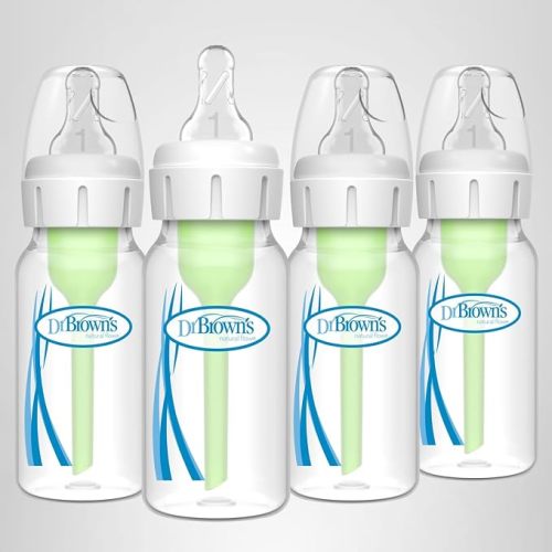 Dr. Brown's Natural Flow Anti-Colic Options+ Narrow Baby Bottle, 4 oz/120 mL, with Level 1 Slow Flow Nipple, 0m+, 4 Pack