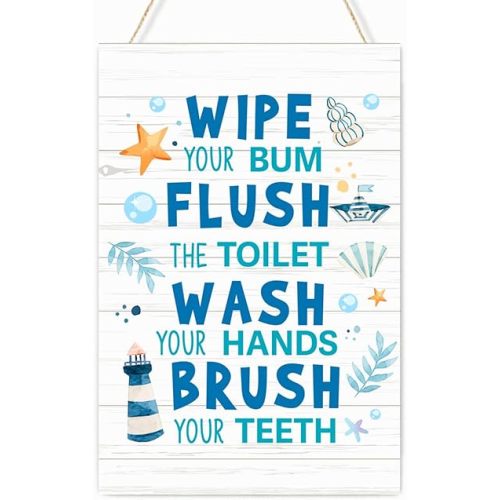 Wash Brush Wipe Flush Wooden Bathroom Sign Wall Decor, Ocean Theme Wooden Hanging Plaque Signs for Boys Nursery Bathroom Wall Decor 12'' L x 8'' W
