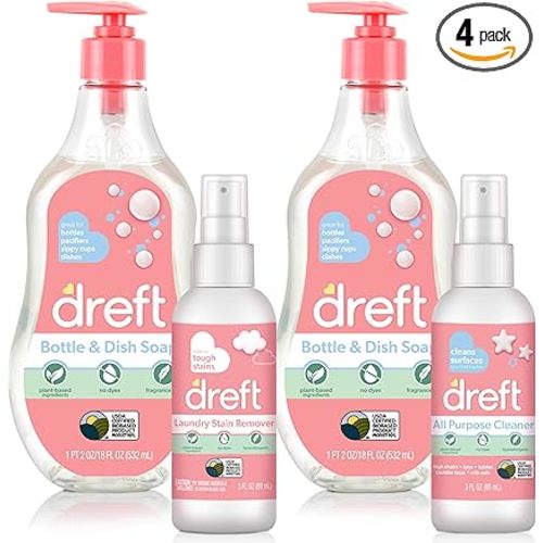 DREFT Bottle and Dish Soap Baby Gift Set - Bonus Travel Size Dreft All Purpose Cleaner & Stain Remover - Made to Clean Baby Essentials - Plant Based Ingredients, Fragrance Free Formula - 4 Piece Set