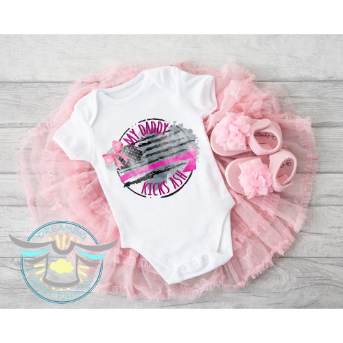 Fireman Baby Onesie® My Dad Kicks Ash, Daddy Is My Hero, Baby Girl, Fireman, Fire Truck, Rescue, Daddy's Girl Onesie® Dad Gifts, Bodysuit