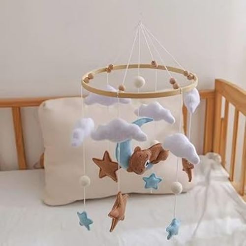 GOODMOM Sleeping Bear Baby Crib Mobile Handmade Soothing Bedtime Baby Mobile for Crib Felt Night Mood Nursery Decor for Baby Boy&Girl Easy Assembly & Durable Newborn Gift (Brown2)
