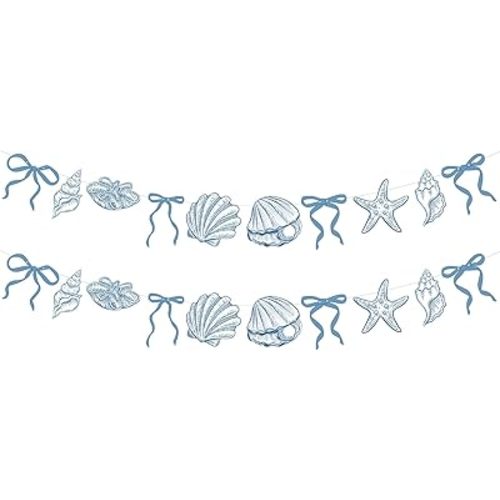 Oudain 2 Pack Blue Bow Starfish and Seashell Garland 6.56 ft Ocean Coastal Nautical Beach Party Paper Bow Hanging Banner for Under the Sea Summer Birthday Wedding Bachelorette Mermaid Baby Shower