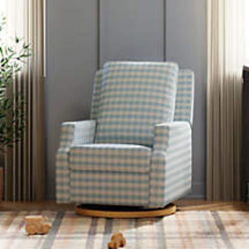 Namesake Crewe Moss Green Gingham Swivel Glider Power Recliner Nursery Chair