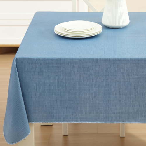 Home Bargains Plus Chambray Blue Café Hotel 52 x 70 inch Rectangle Vinyl Dining Tablecloth with Flannel Backing