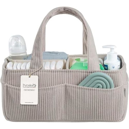 PUTSKA Baby Diaper Caddy Organizer for Changing Table – Stylish Nursery Storage Basket, Newborn Essentials, Baby Shower Gifts and Registry Must-Haves for Boy or Girl, Car Diaper Caddy, Corduroy Grey