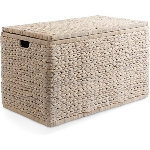 Casafield 30" Storage Chest with Lid, Handles, and Safety Hinge - Whitewash White, Hyacinth Wicker Storage Trunk for Entry Way, Living Room, Bedroom