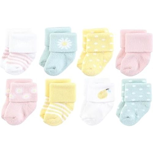 Hudson Baby Infant Girl Cotton Rich Newborn and Terry Socks, Lemon Daisy, 0-6 Months