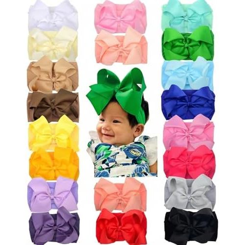 6" Baby Headband Bows, Soft Nylon Hairbands Cute Big Bow Super Elastic Headband for Baby Girls Newborn Infant Toddlers (White 20Colors)