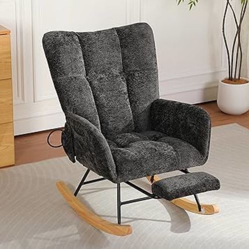 Rocking Chair Nursery with Airbag, Comfy Modern Nursery Rocking Reading Chair Indoor with Footrest, Cozy Upholstered Glider Rocker Chairs for Living Room Bedroom Offices(Chenille, Black)