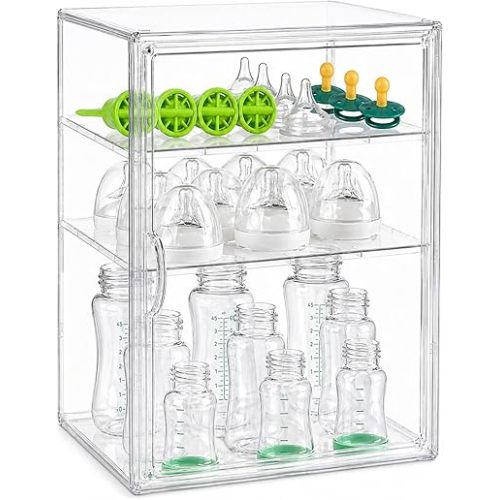 Baby Bottle Organizer, 3-Tier Clear Bottle Station Organzier for Countertop Cabinet, Acrylic Storage Organizers Container with Magnetic Door for Bottles, Pacifiers, Pump Parts