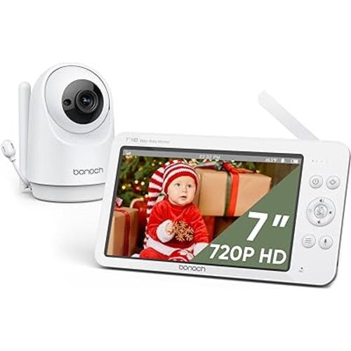 bonoch Baby Monitor with Camera and Audio, 7" 720P HD Video Baby Monitor No WiFi, 6000mAh Battery, VOX Mode, Auto Night Vision, Hack Proof, Remote PTZ, 8 Lullabies Baby Camera Monitor