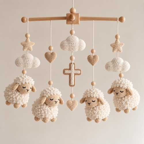 Baptism Crochet Mobile , Nursery Decor, Religious Baby Gift, Handmade Crib Hanging, Newborn Present
