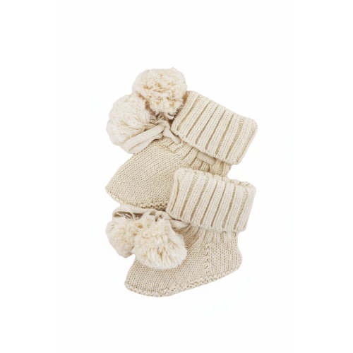Knit Pom Pom Baby Booties | Sand