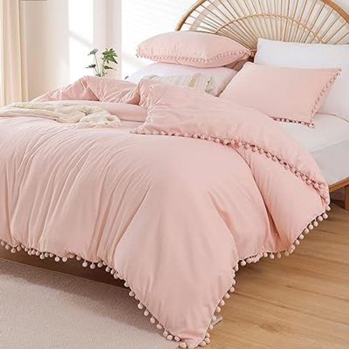 YIRDDEO Twin Comforter Set - Comforter Twin Size Bed with Ball Pom Fringe, Soft Bedding Set for All Seasons - 2 Pieces, 1 Comforter (66"x90") & 1 Pillow Sham(20"x26"), Blush