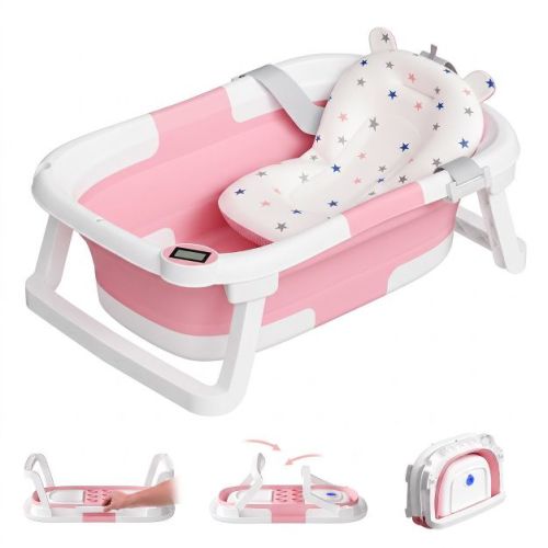 TUMAJUP Collapsible Baby Bathtub for Infants and Toddlers with Bath Net and Thermometer-Baby Pink