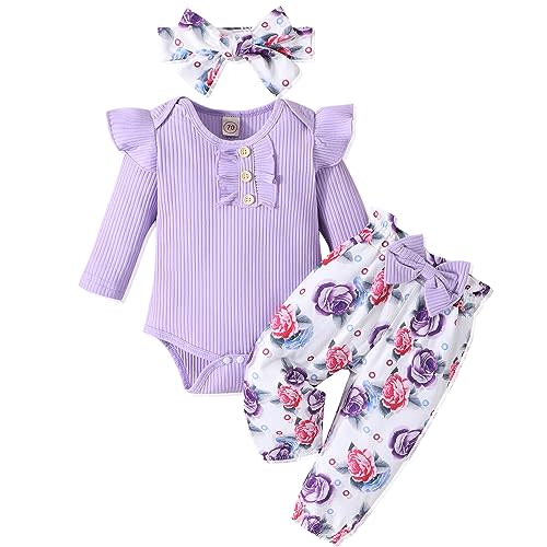 GDTOGRT Baby Girl Clothes Newborn Infant Outfits Ruffle Romper+ Floral Pants + Cute Headband Sets for Girls