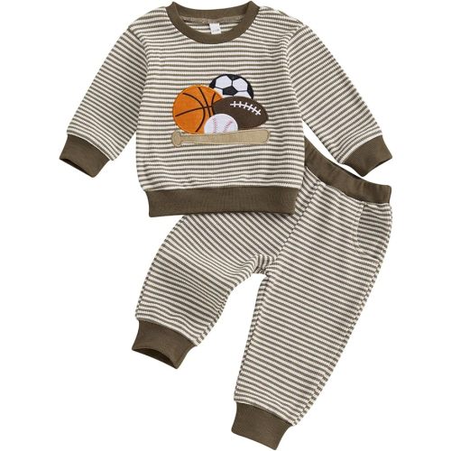 ZAXARRA Toddler Baby Boy Fall Winter Outfit Striped Animal Embroidered Long Sleeve Sweatshirt Elastic Waist Pants 2Pcs