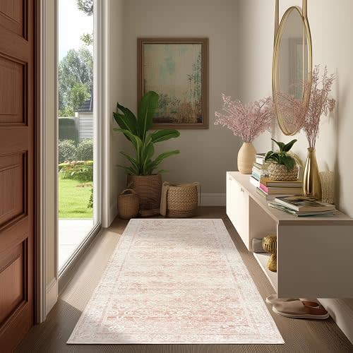 Pink Area Rug 8x10 Low Pile Washable Vintage Large Rugs for Living Room