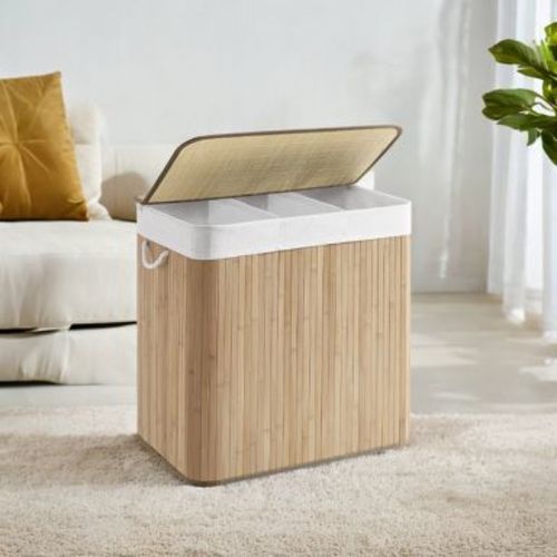 LEDREM 39.6 Gallons Laundry Hamper, 3-Section Laundry Basket, with Lid, Bamboo, Foldable, Removable and Machine Washable Liner Laundry Storage Sorter