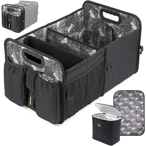 LALUKA Car Trunk Organizer Cooler and Lid - Seat Belt Front and Back | Bottle, Wipes Plastic Bag Pocket |Baby Diaper Caddy Changing Pad Station | SUV Backseat Car Kids Babies Storage Basket