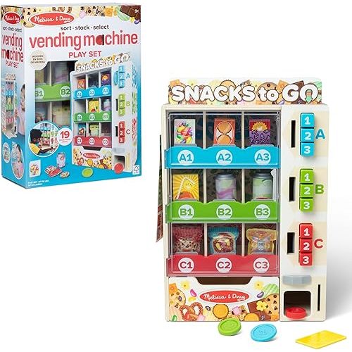 Melissa & Doug Sort-Stock-Select Wooden Vending Machine Toy with Play Food, Mini Vending Machine Toys & Play Money, Preschool Toys for Kids Ages 3+