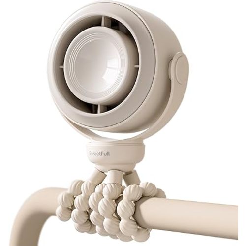 SWEETFULL Portable Stroller Fan, Pinch-Proof Baby Fan, 10H Battery, 5-Speed Quiet Mini Clip on Fan, USB-C Rechargeable with LED Display for Car Seat, Crib & Travel - Cream