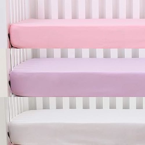 Belsden 3 Pack Microfiber Crib Sheets Baby Sheets Set 28''x52 Light Purple + Pink + White Colors