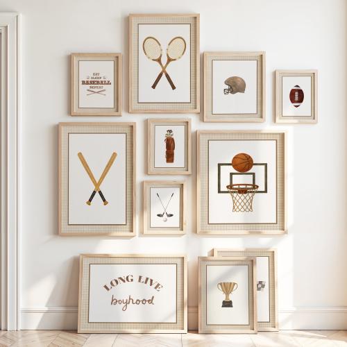 Sports Prints Set of 18 | Vintage Style Illustrations | Baseball, Football, Golf, Hockey, Basketball, Soccer | Boys Room Nursery Art