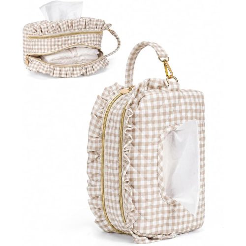 Double-Layer Wipe Holder Quilted Wipes Bag Small Hanging Diaper Bag Portable Wipe Pouch for Stroller, Home, Travel (Brown Plaid)