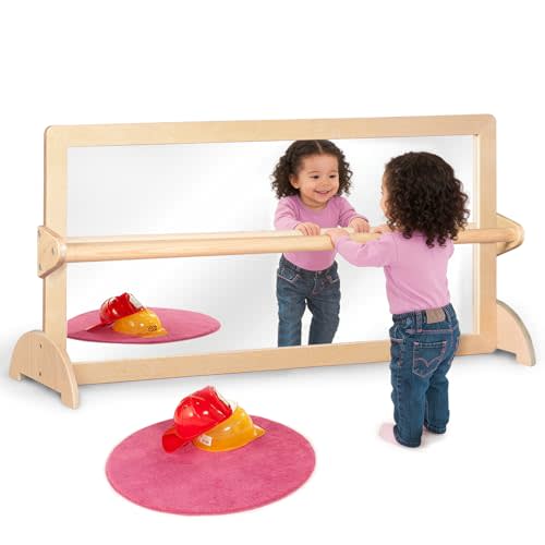 3-Position Montessori Wood Frame Non-Shatter Safety Pull Up Bar Baby Big Mirror Set, Infant Coordination Mirror, Kids Classroom Furniture for Daycare, Homeschool or Preschool
