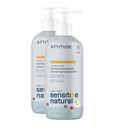 ATTITUDE 2-in-1 Shampoo and Body Wash for Baby,EWG Verified,Plant- and Mineral-Based Ingredients,Vegan-and Cruelty-Free Products for Sensitive Skin,Unscented,16 Fl Oz,(Pack of 2)