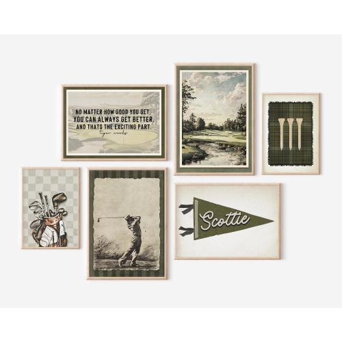 Golf Art Vintage Boys Room Set of 6 Gallery Wall Golf Poster Golfer Gift Man Cave Decor Custom Pennant Flag Print Sports Nursery Boho