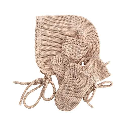 Handmade Cotton Baby Gift Set.  Knit bonnet and socks. 100% cotton.