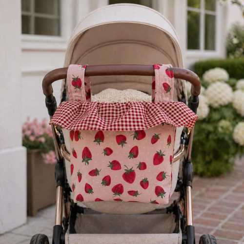 Personalized Ruffle Stroller Caddy Bag | Baby Shower Gift | Mom Tote Organizer | Baby Girl Stroller Bag | Strawberry Print Stroller Cady