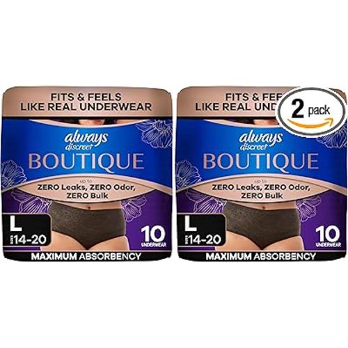 Always Discreet Boutique Low-Rise Postpartum Incontinence Underwear Size L Maximum Absorbency, Up to 100% Leak Protection, Black, 10 Count (Pack of 2)