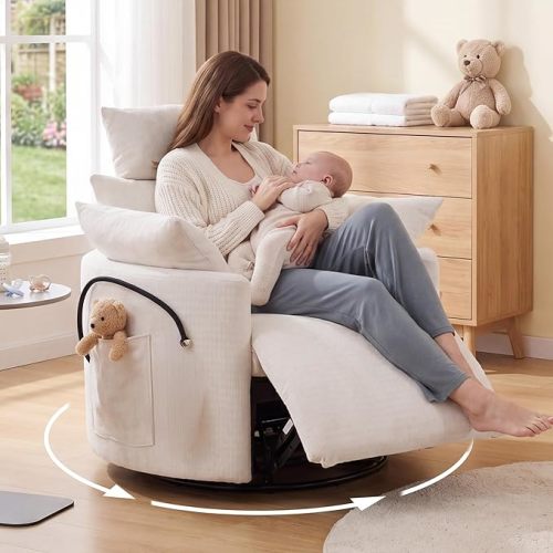 Chenille Manual Nursery Rocking Recliner with 2 Side Pockets, White