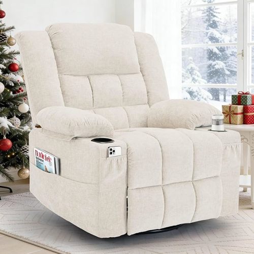 360° Swivel Rocker Recliner for Adults, Nursery Glider Recliner with Massage and Heating, Rocking Chair with Cup Holder, Manual Recliner Chair for Living Room, Bedroom (Fabric, Beige)