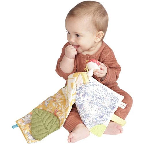 Manhattan Toy Deer One Soft Activity Crinkle Book & Fold Out Pat Mat for Baby, Toddler with Squeaker, Discovery Mirror and Teether