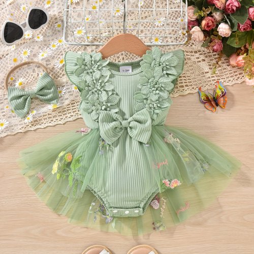 Green pit stripe fly sleeves exaggerated lace mesh triangle jumpsuit headband two-piece set