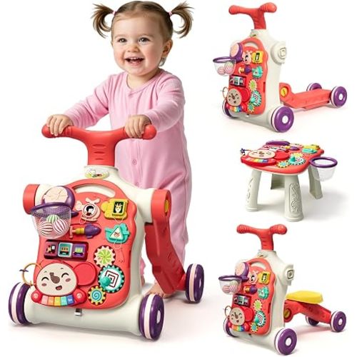 HYES 5 in 1 Baby Walker and Activity Center for Baby Girl, Red | Learning to Walk, Sit to Stand, Early Learning Push Toys for Infant, Walking Toys Gift for Toddler Girls