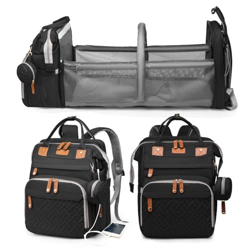 Jeryswet Baby Diaper Bags with Changing Station, Waterproof Large Capacity Diaper Bag Backpack for Moms Dads with USB Charging Port and Stroller Straps, Baby Shower Gifts, Black