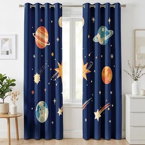 Outer Space Blackout Curtains for Bedroom & Living Room, 72 Inch Curtains 2 Panel Set, Room Darkening Thermal Insulated Grommet Drapes, Kids Boys Solar System Patterned Window Treatments